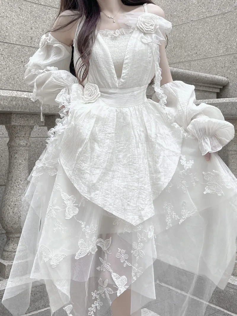 

New Women Spring Autumn Summer One Piece Long Dress Lace Flower Sweet Irregular Fashion All-match Princess Vitage Outdoor