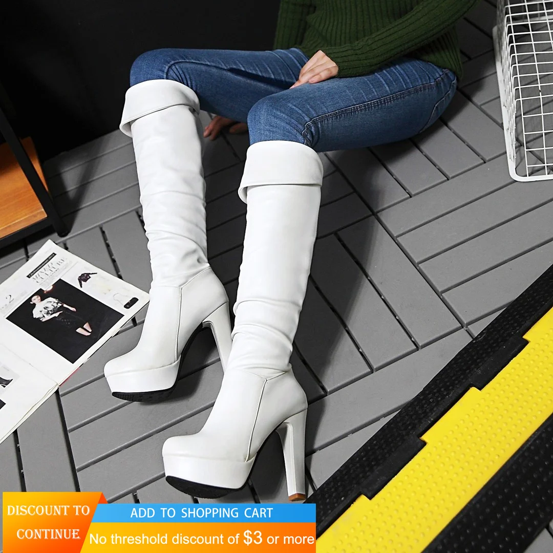 Women's White Sexy Over The Knee Boots Female Waterproof Platform Slip-On High Heel Shoes 2021 Autumn Winter Ladies Long | Обувь