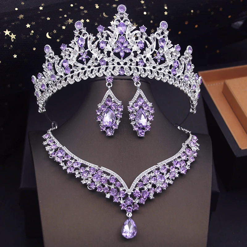 

Fashion Purple Colors Bridal Jewelry Sets With Tiaras Princess Wedding Crown Necklace Earrings Set Bride Costume Accessories