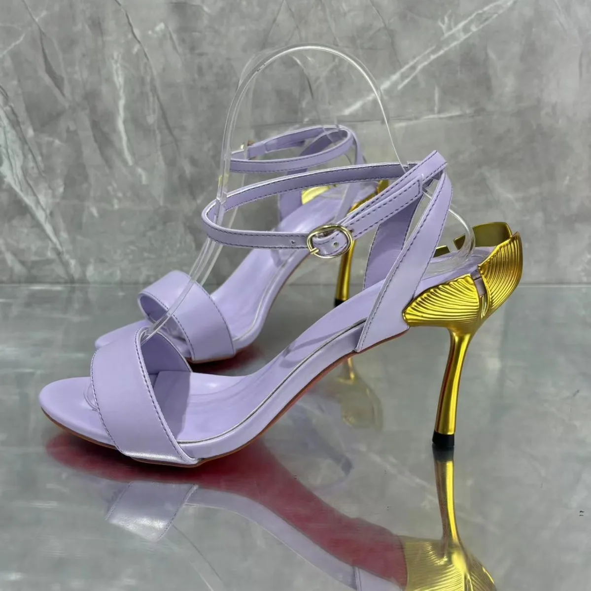 European and American Fashion Bright Colored Irregular Heels with Thin Straps, Women's High Heels, Sandals, Metal Heels