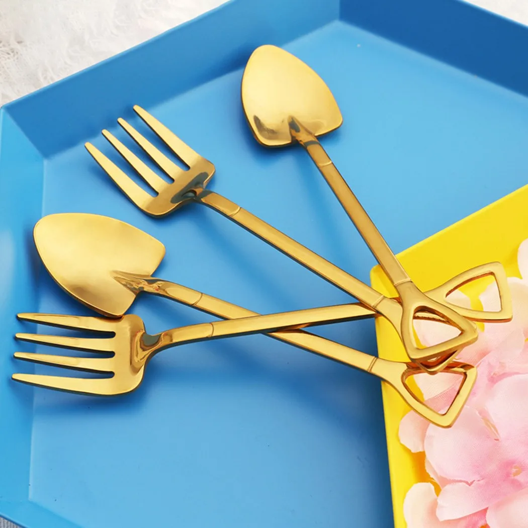 

2pcs Stainless Steel Small Shovel Spoon Fork Tableware Coffee Stirring Spoon For Daily Meals Eating Drinking Soup Home Tools
