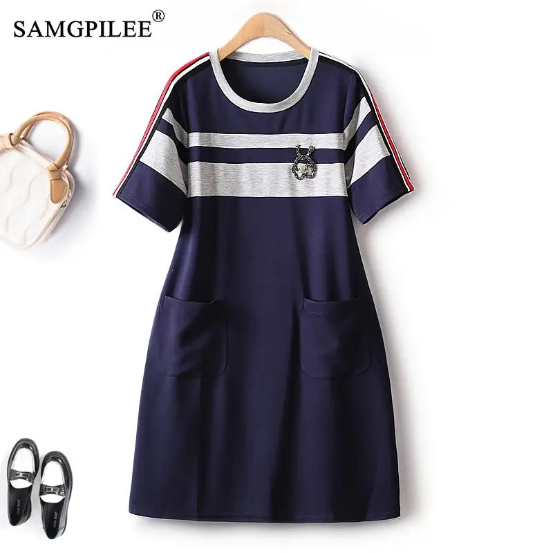 

College Style Summer New In Dresses 2023 New Loose Casual Stripes Hit Color Hot Diamond Short Sleeve Chic Elegant Female Dress