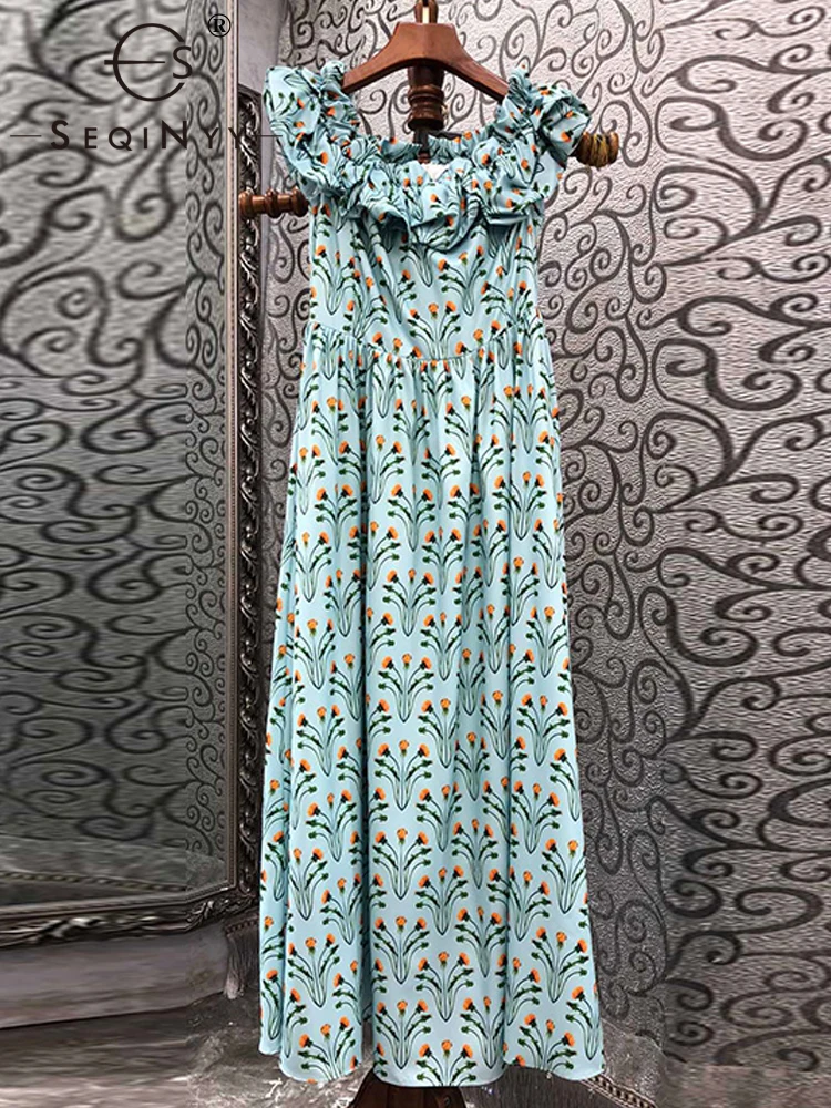 

SEQINYY Blue Midi Dress Summer Spring New Fashion Design Women Runway Vintage Orange Flowers Print High Street Ruffles Casual