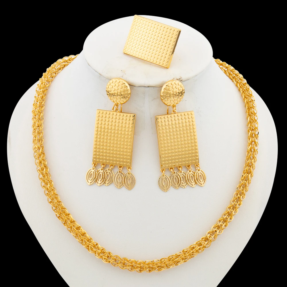 

African Gold Color Jewelry for Women Dangle Earrings Finger Ring Set for Weddings Engagement 60cm Chain Necklace Jewelry Gifts