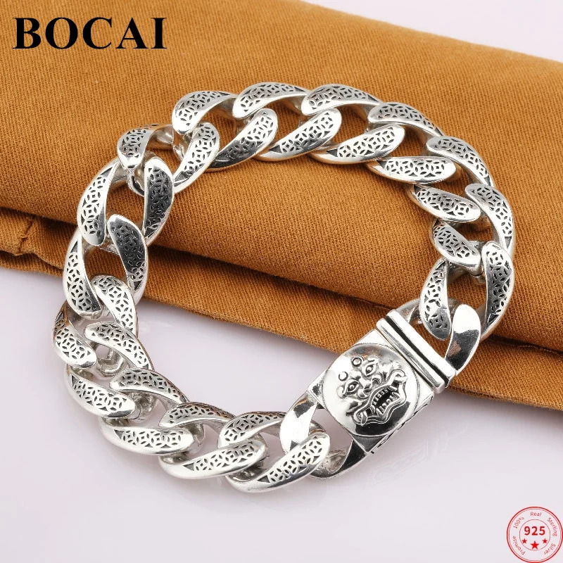 

BOCAI S925 Sterling Silver Bracelets for Men New Fashion Lion Head Ancient Coins 14mm Horsewhip-chain Punk Jewelry Free Shipping