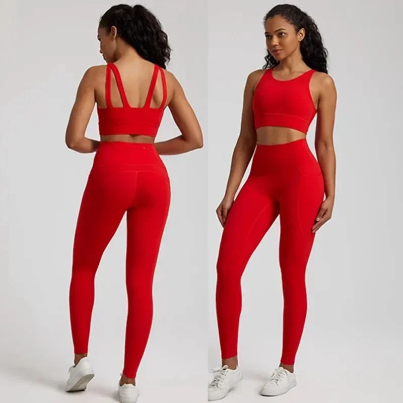 

Lemon Soft Gym Yoga Set Legging Sport Fitness Cross Gym Bra top 2pc Suit Comprehensive Training Jog pocket Women Sportwear