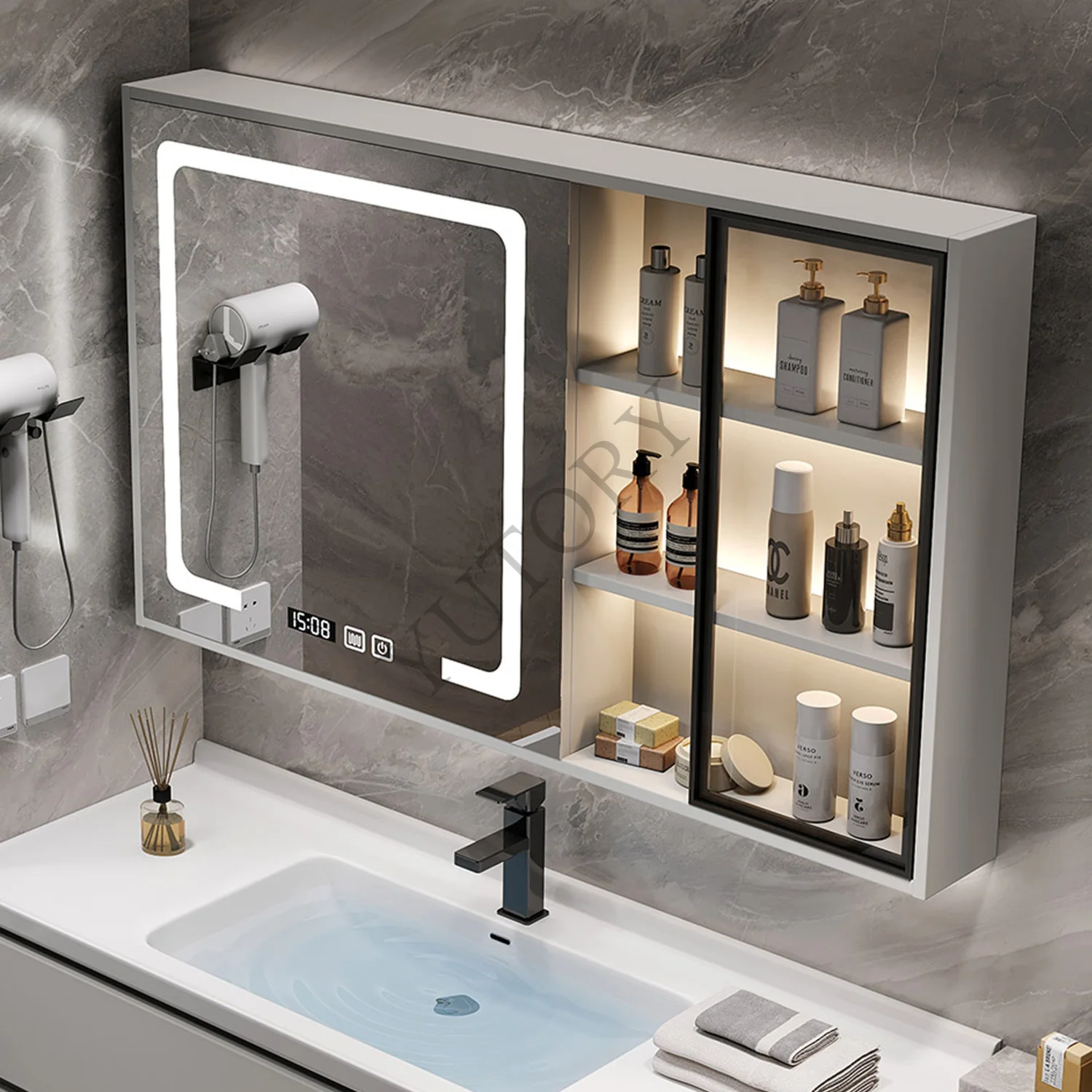 Solid wood smart bathroom mirror cabinet with lamp storage glass door defogging bathroom mirror wall-mounted type with rack