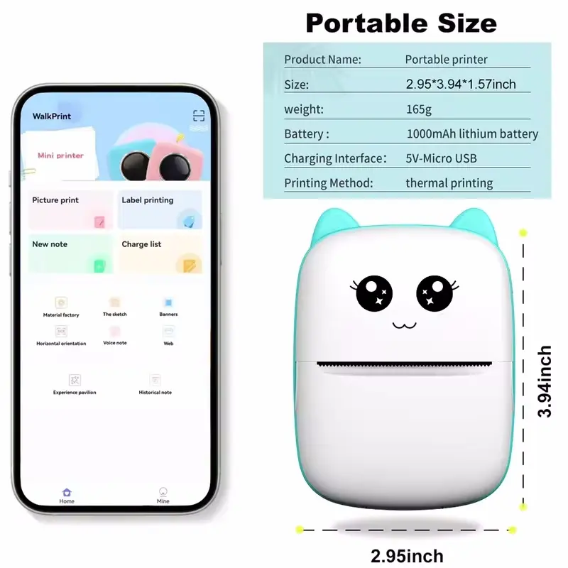 Portable thermal printer mini cat print photo pocket thermal label printer 58mm printing wireless Bluetooth Android iOS printers - Image 3