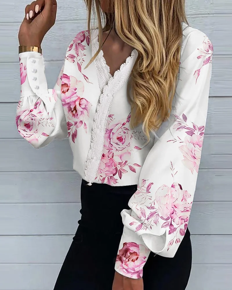 Women's Single Row Beads Cardigan Shirt 2023 Elegant V Neck Lace Edge Long Sleeve Blouse Female Comfortable Casual Commuter Tops