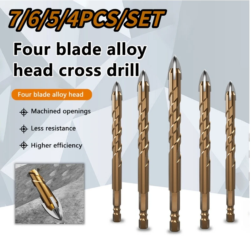 7PCS 3-12mm Cross Hexagon Tile Drill Bits Set For Glass Metal Ceramic Carbide Alloy Cross Tile Drill Bit Set Drilling Tools drill bit set
