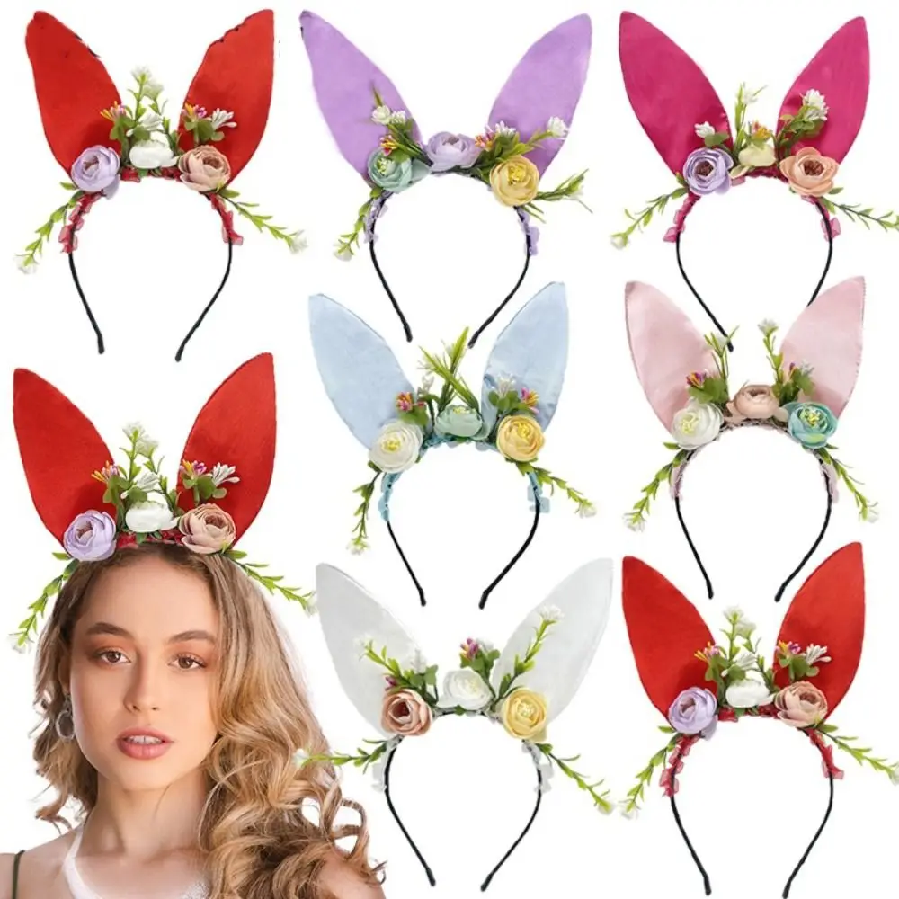 

Flower Easter Day Headband Satin Cloth Hair Hoop Little Rabbit Bunny Hair Band Animal Ear Hair Band Rose Flower Hairband