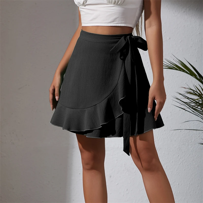 

New Summer Women's Half-Body Skirt Solid Color Fashion Thin Casual Tie Short Skirt High Waist Breathable Women's Half-Body Skirt