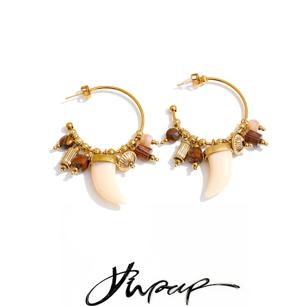 Yhpup Earrings Resin Horn Beads Pendant Drop Hoop for Women