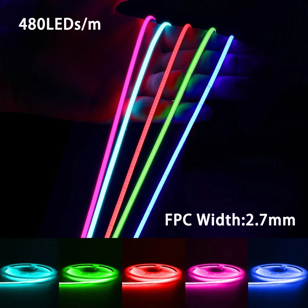 슈퍼 슬림 COB LED 스트립 조명, 2.7mm, 12V, 5V, 480LEDs/m, 거실 침실 오토바이 바, 자동차 조명 리노베이션 장식