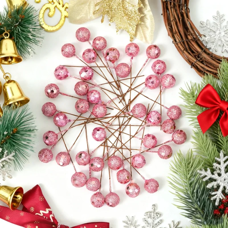 60 Stücke Künstliche Beeren 1,2 CM Gefälschte Beeren Dekor Draht Für Weihnachtsbaum Dekorationen Blumenkranz DIY Handwerk Geschenke Zubehör – Detail 2