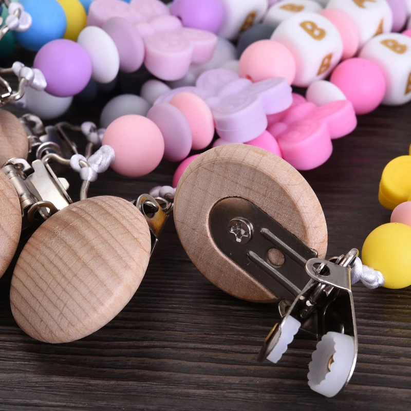 Round Wood Baby Dummy Holder Clip Crown Butterfly Silicone Beaded Teether Custom English Letter Name Pacifier Chain Nursing Toy 5