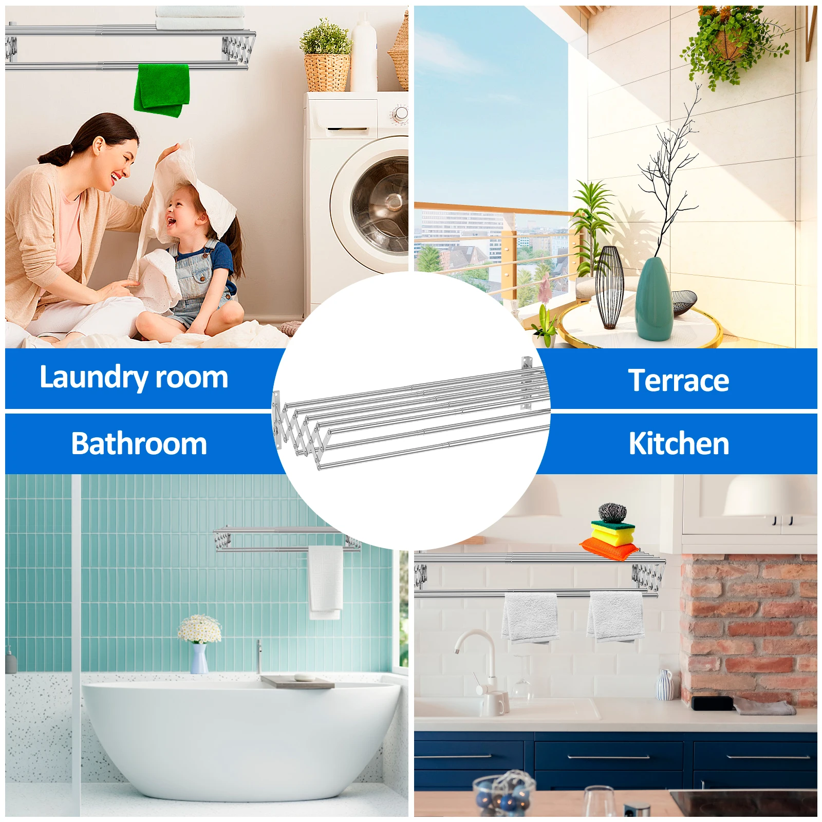 Retractable Collapsible Laundry Drying Rack Stainless Steel Wall Mounted Towel Rod Clothes hanger Bathroom Storage