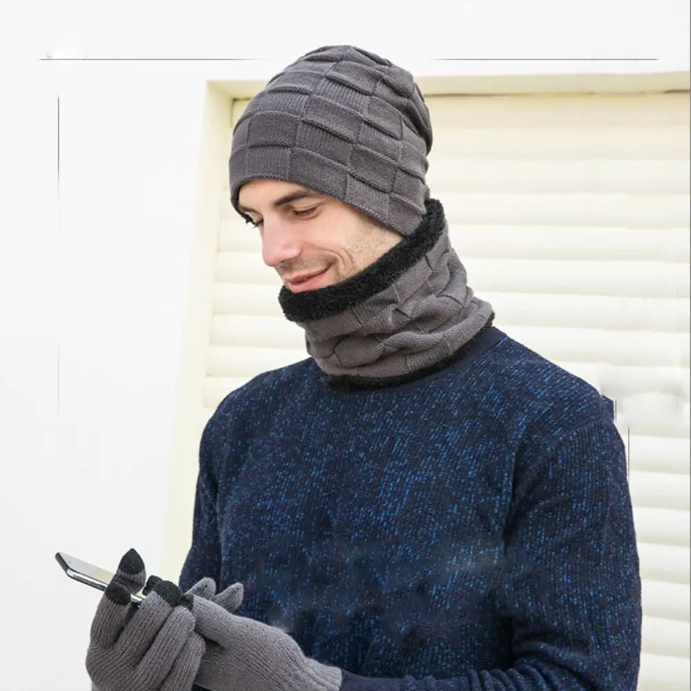 Comfortable Casual Fashion Elastic Winter Man Beanies Knitted Cap Gloves Man Scarf Gloves Neck Suit