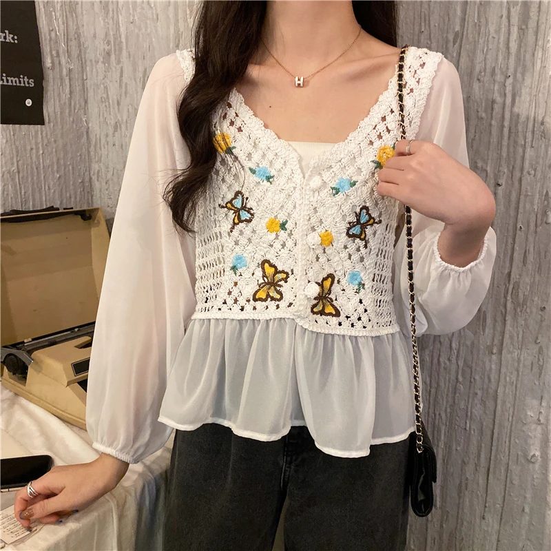 

Transparent Knitted Chiffon Shirt Women Blouse Casual Long-Sleeved Top Embroidered Hollow See Through Shirt Spring Summer
