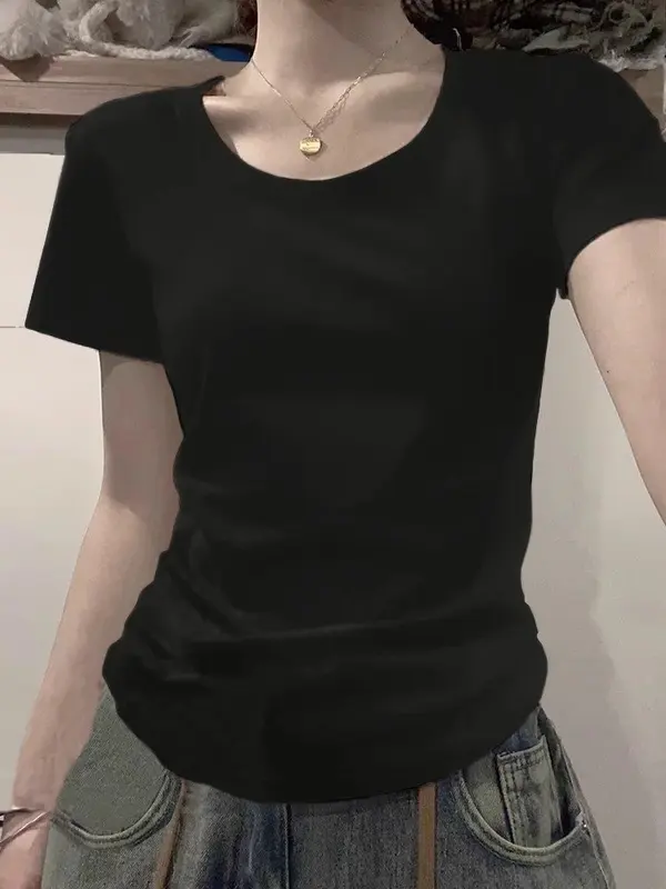 Women's Short Sleeve T-Shirt Slim Fit Base Layer Shirt Korean American Pure Desire Design Spicy Girl Top Commute Style Regula