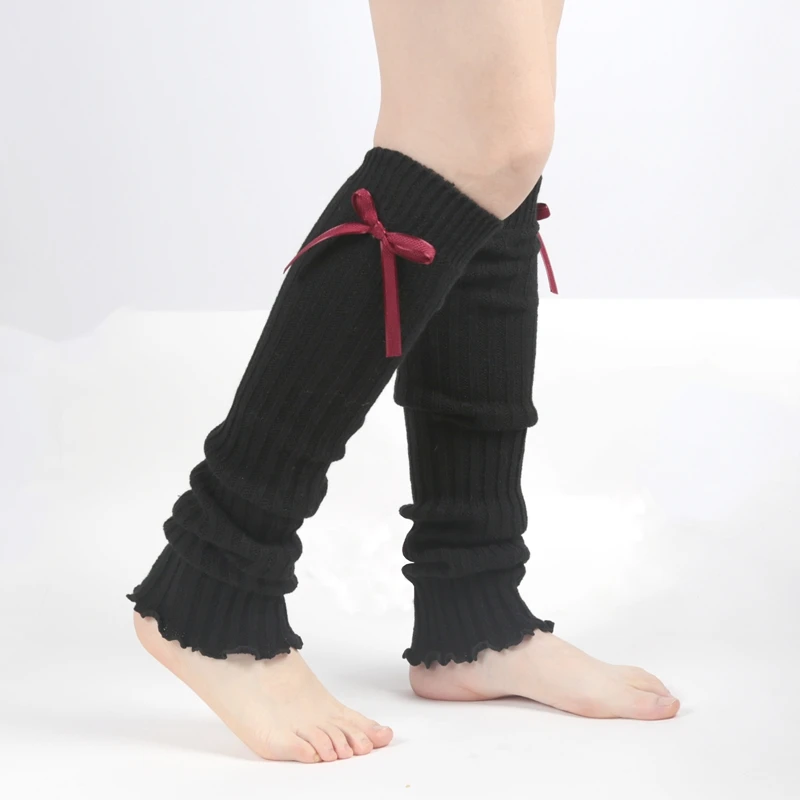 Women Leg Warmers Lolita Girls JK Uniform Socks Female Knitted Warm Foot Cover Sweet Burgundy Bow Winter Versatile Elephant Sock