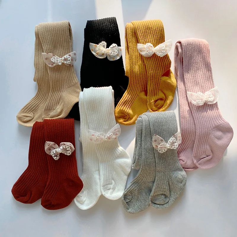 

New 0-8T Girls Pantyhose Spring Lace Bow Cute Fashion Cotton Warm Knit Children Stockings Newborn Toddler Baby Girl Tights