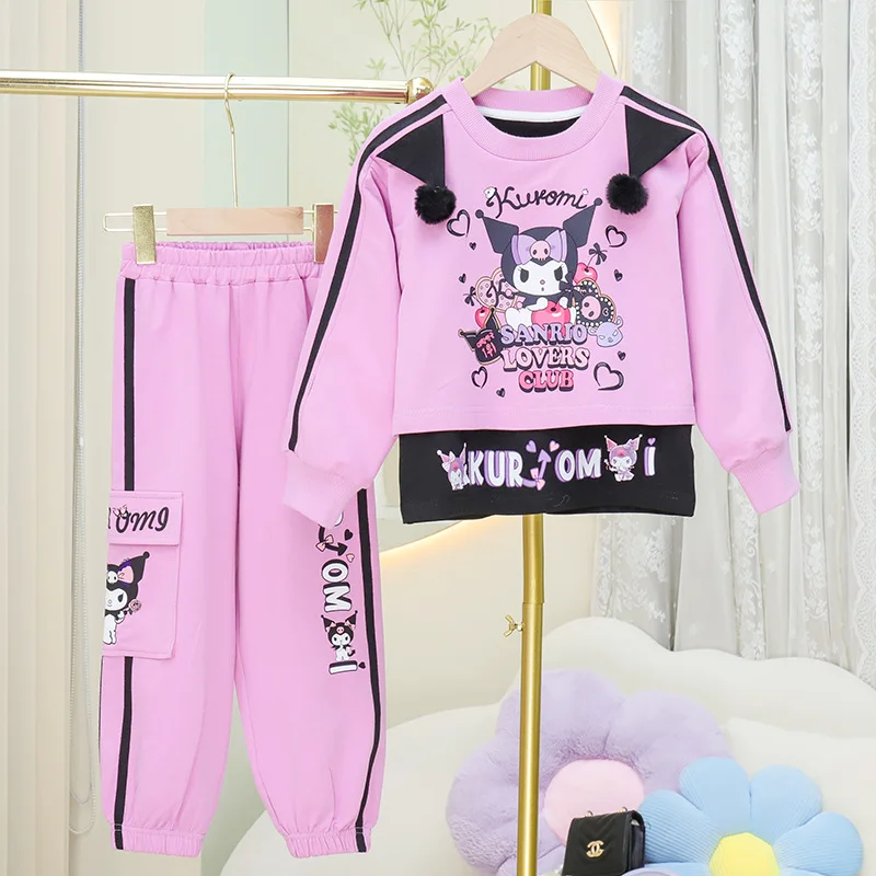 

Sanrio Kawaii Sweater Set Kuromi Cartoon Anime Cute Children Girls Fashionable Long Sleeved Trousers Sportswear Two Piece Set