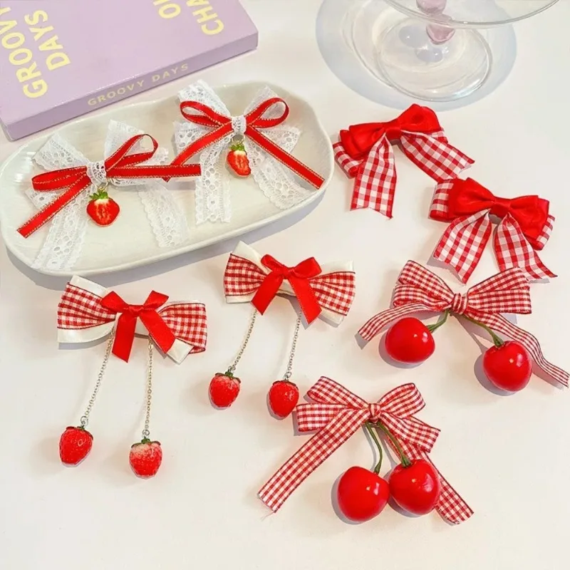 Red Cherry Bow Girls Hair Clip Plaid Lace Bow Ribbon Strawberry Hairpin Kawaii Side Bangs Clip Barrettes Kids Headwear