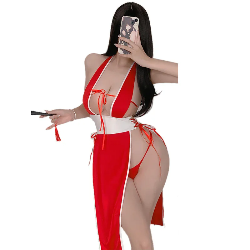 Anime Female Ninja Temperament Lingerie Kimono Outfits Women Deep Neck Hollow Halter Dress Erotic Costumes Gift
