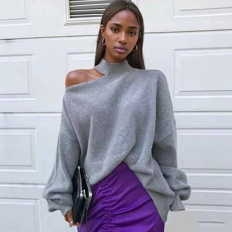 New Autumn and Winter Women's Semi-turtleneck Off-shoulder Long-sleeved Sweater Elegant and Sexy Lantern Sleeves Loose Knitwear