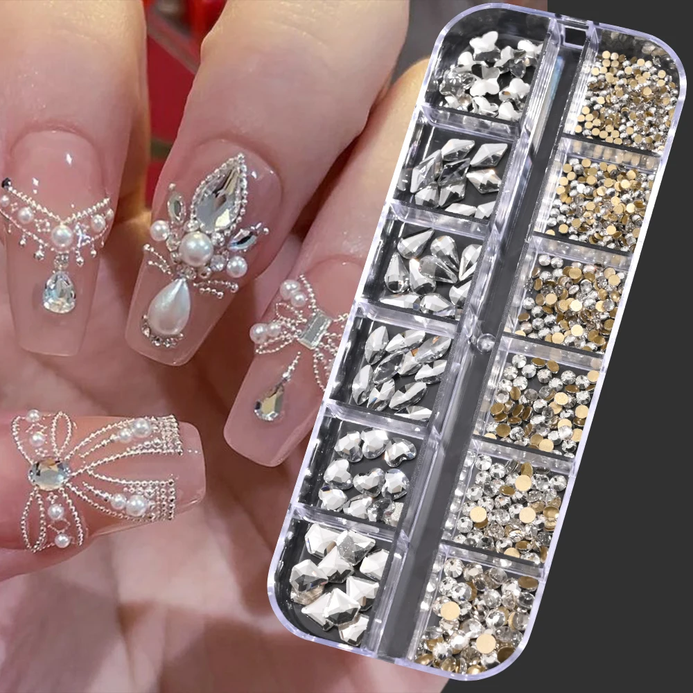 12Grids Luxury Shiny Crystal Nail Rhinestones Flatback Mixed