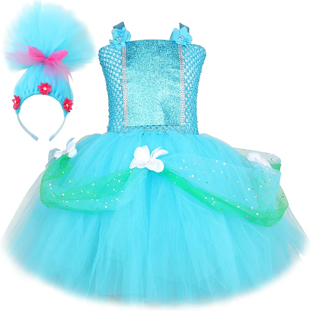 Skyblue Trolls Fairy Tutu Dress For Girls Magic Elves Poppy Cosplay Outfit Kids Birthday Party Costumi Di Halloween Con Fiocco Per Capelli