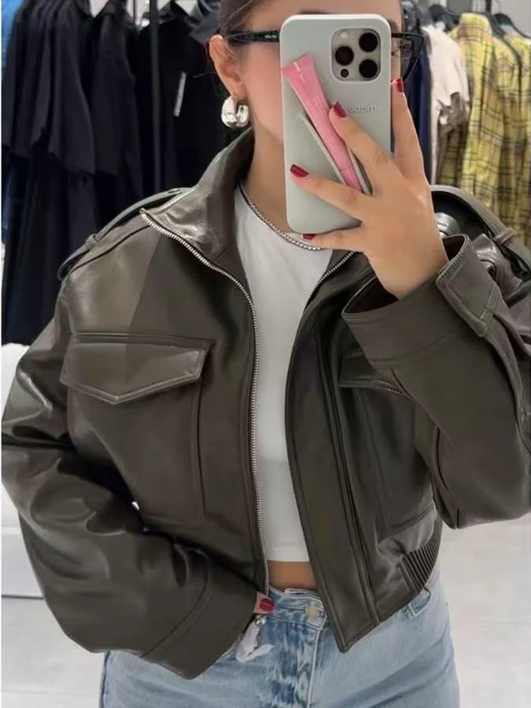 Women Slim Fit Faux Leather Jacket PU Zipper Cropped Jackets Spring Autumn Casual Pocket Bomber Coat Female Club Street Wear