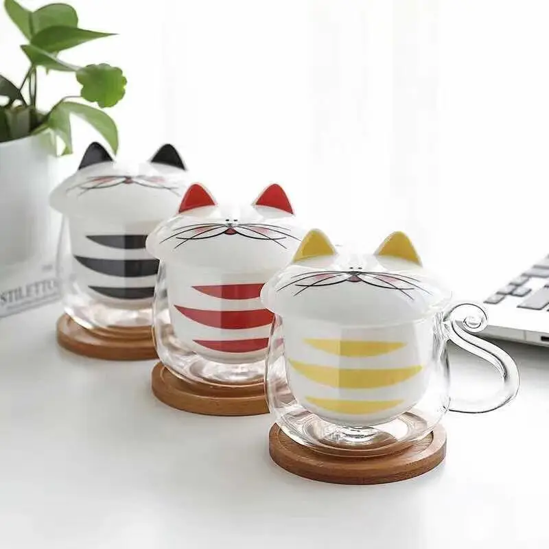 

Термостойкие стеклянные чайные кружки, кофейная чашка с милым котом, 300 мл