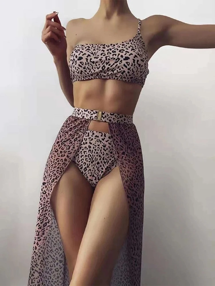 3 PCS with Long Mesh Skirt One shoulder Bikini Female Swimsuit Women Swimwear Three pieces Bikini set Bechwear Bathing Suit Swim