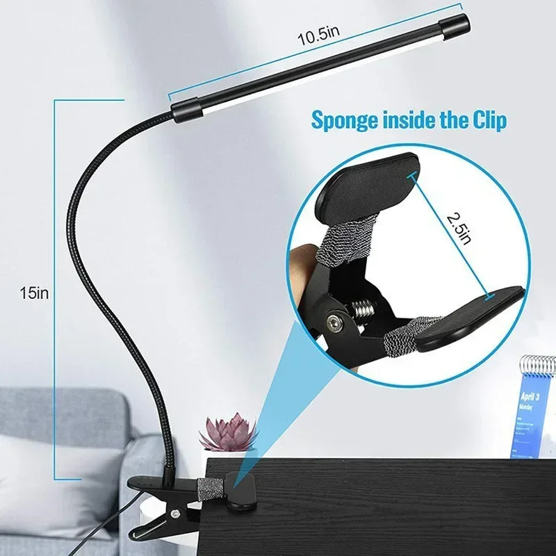 Black LED Clip-On Desk Lamp - Eye Protection Reading Light for Dorm, Bedroom, or Office
