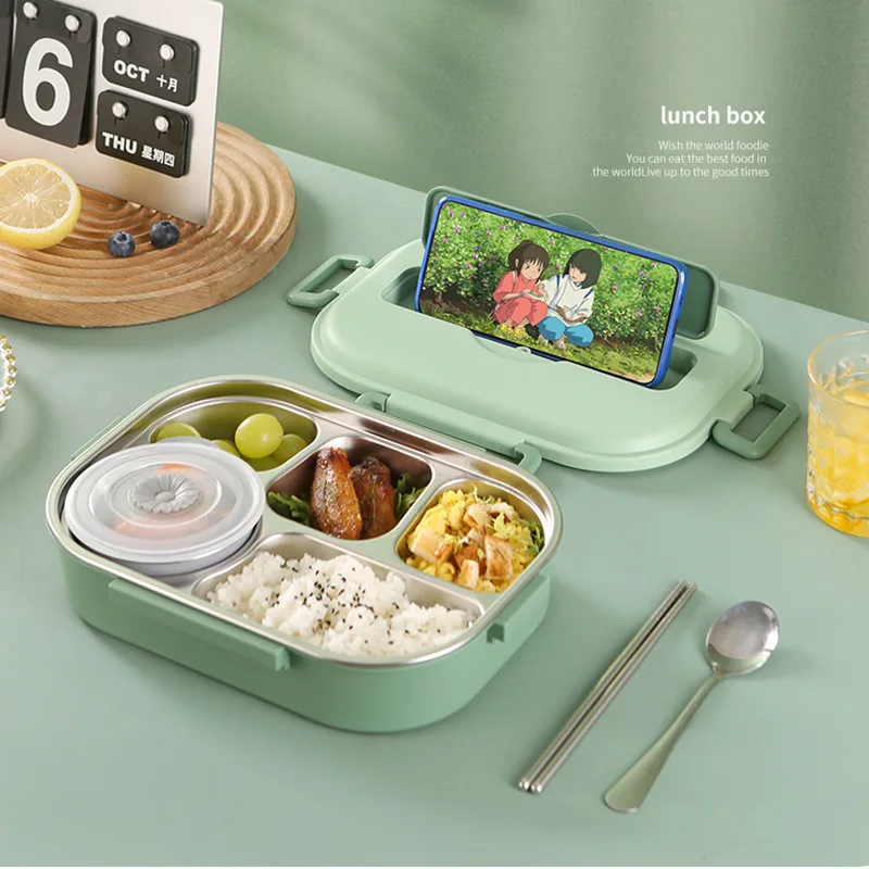 1pc Portable Round 304 Stainless Steel Lunch Box With Utensils