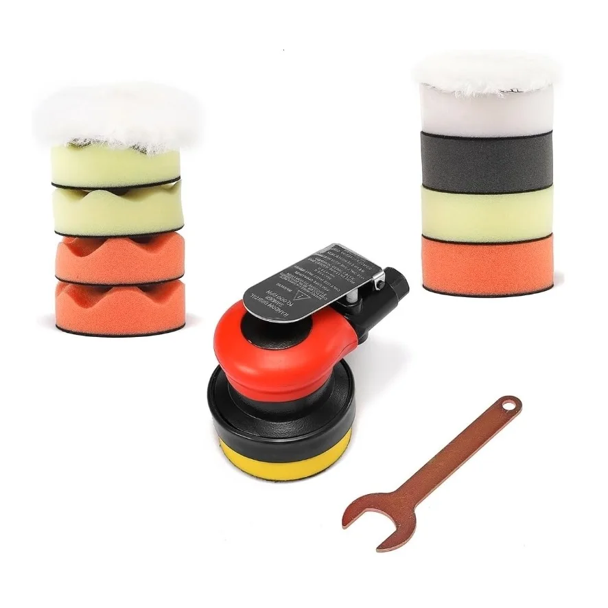 Pneumatic 3" Random Orbital Palm Sander with 10 Polishing Buffing Pads kit