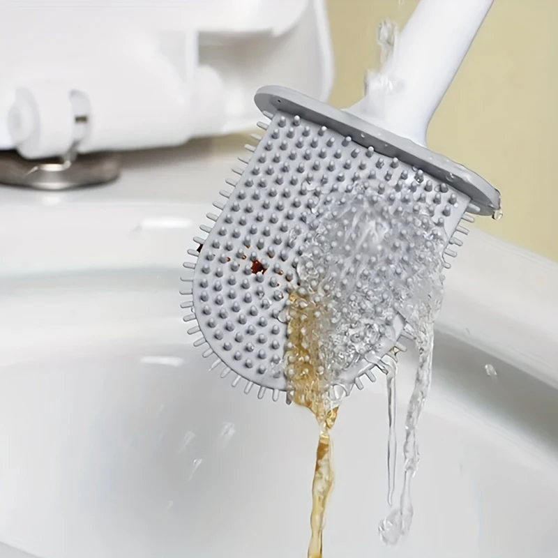 Toilet Brush Set Hanging Water Leak Proof with Base Silicone Wc Flat Head Flexible Soft Bristles with Quick Drying Holder