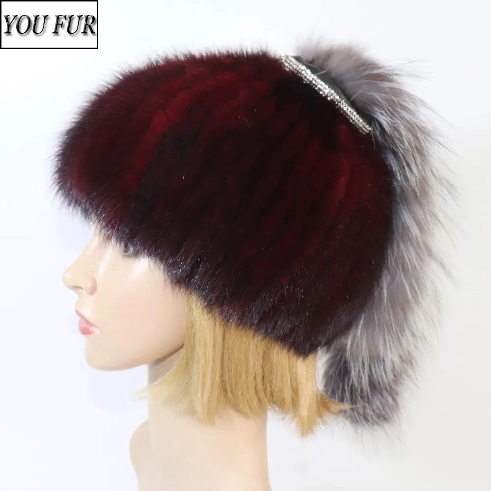 

Новинка, женская трикотажная зимняя шапка из натурального меха норки с лисьим хвостом, 100%