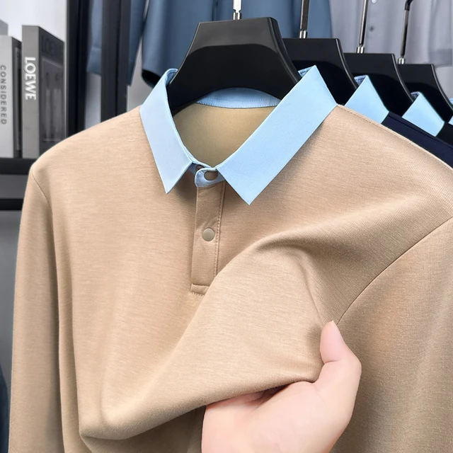 Polo de manga larga con cuello de contraste para hombre, camiseta transpirable con solapa, informal, de negocios, clásica, a la moda, para primavera y otoño