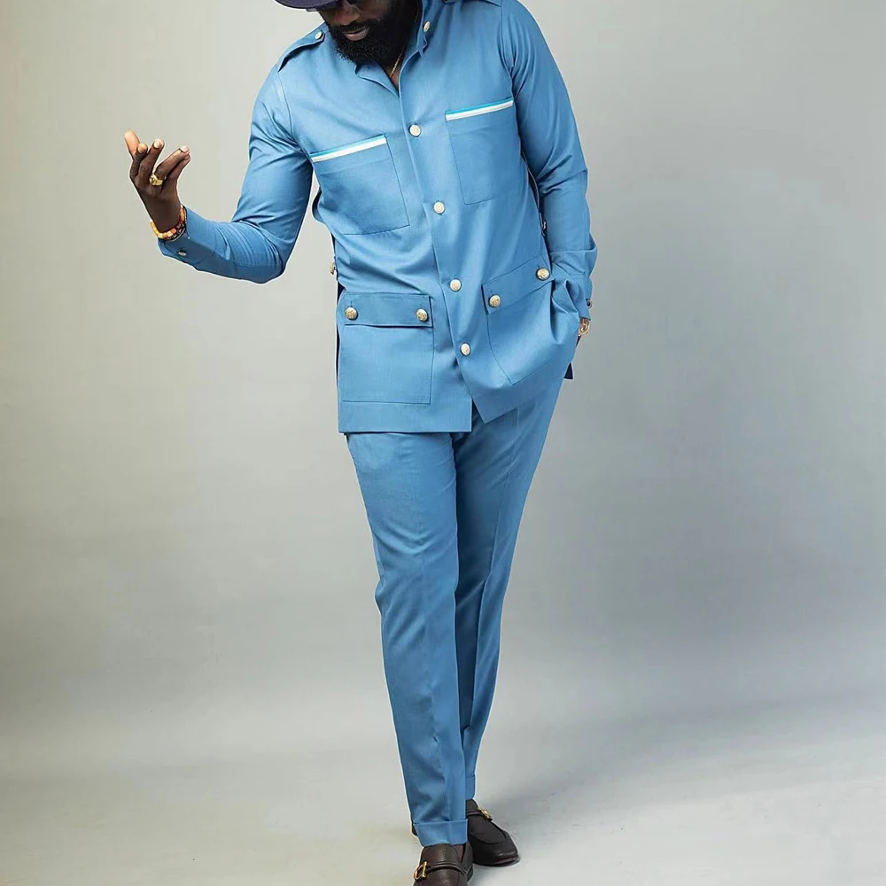 New in African Elegant Luxury Men's Suit Blue Plaid Single Breasted Jacket and Pants Full Suit Party Wedding Business Men's Suit