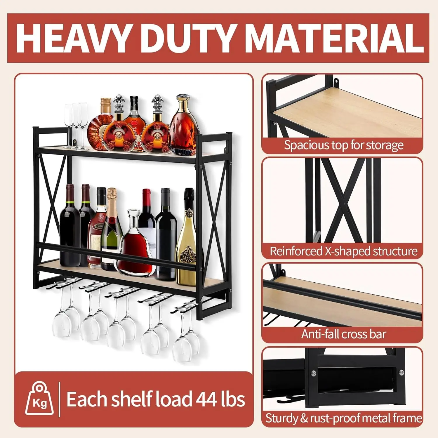 Industrial Wall Mounted Wine Rack, 2 Tiers Metal Hanging Wine Shelf with 5 Stem Glass Holder, Black Wall Wine Bottle Glass Rack