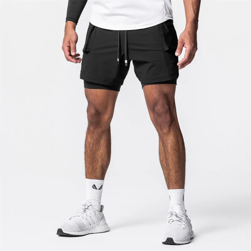 New fashion fitness design anti-slip double-layer 2 in 1 men's shorts multi-pocket zipper running exercise pants