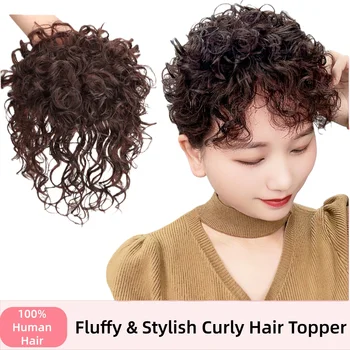 Topper per capelli umani con base in pizzo grande, copertura completa, con clip, riccio, per donna, capelli voluminosi, ricci effetto lana, copre i capelli grigi