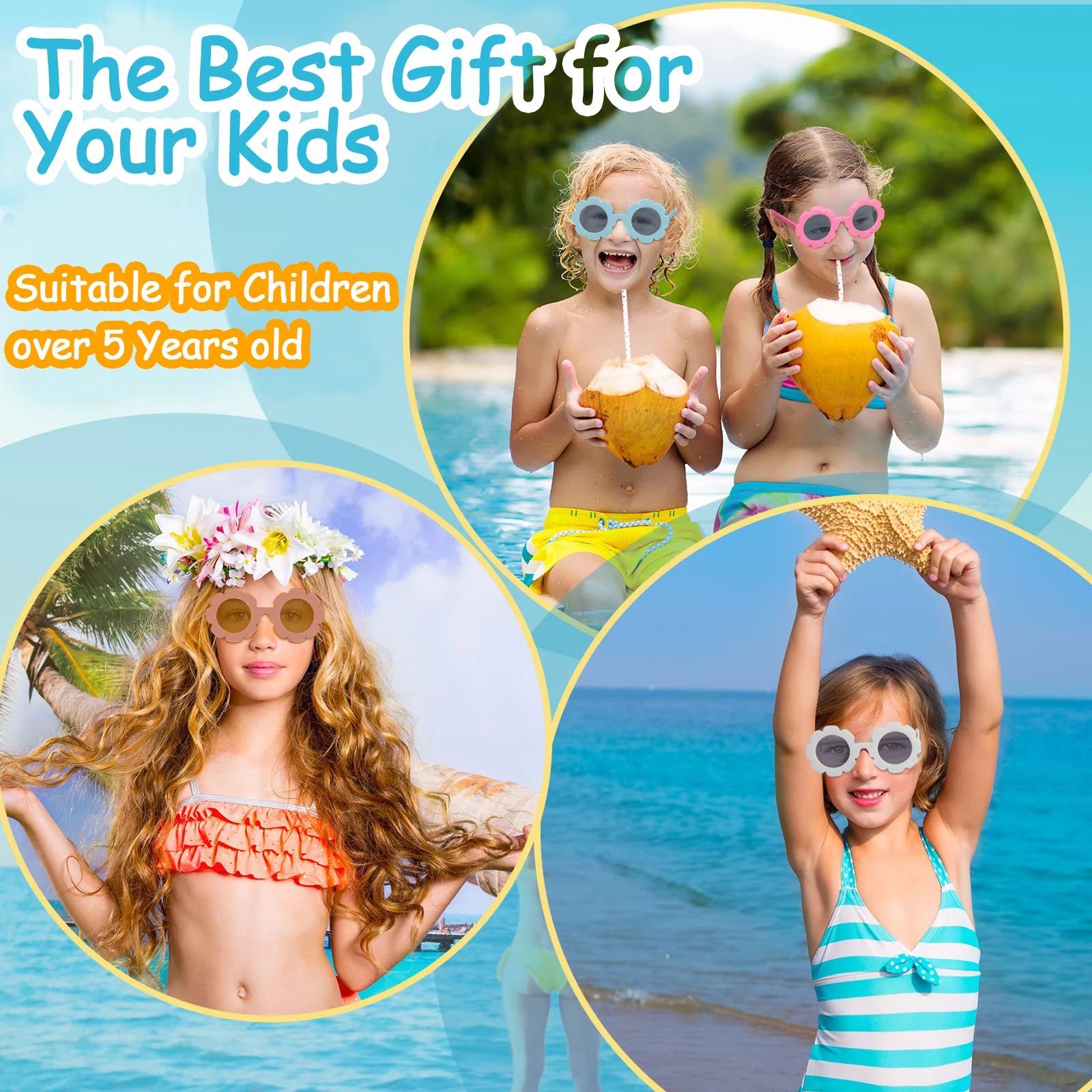 12-60Pcs Round Flower Sunglasses for Girls Toddler Cute Flower Glasses Outdoor Beach Eyewear Birthday Party Favors for Kids Gift