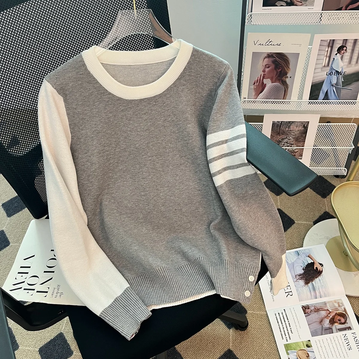 

Grey sweater for women, fall Preppy Student pullover ,round neck loose sweatshirt , outside jumper, cardigan , 여성 반팔 니트