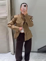 Blazer Manteau Femme Coupe Ajustée Col Montant Épaulettes Poches à Rabat Boutonnage Simple Printemps 2026 2