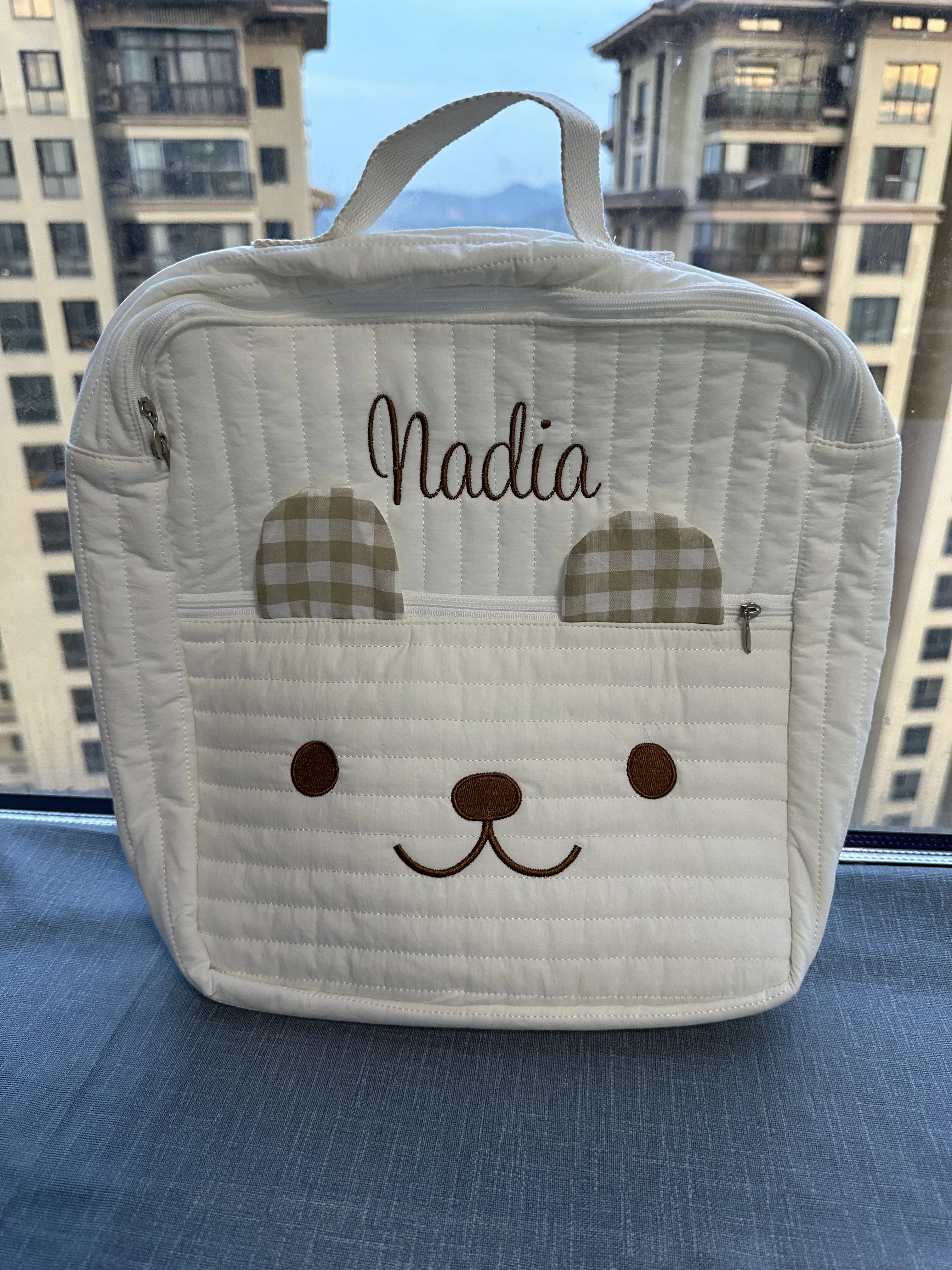 

Custom Embroidered Name Cute Bear Baby Backpack Personalized Name Children's Cart Hanging Bag Diaper Bag Gift for Mommy
