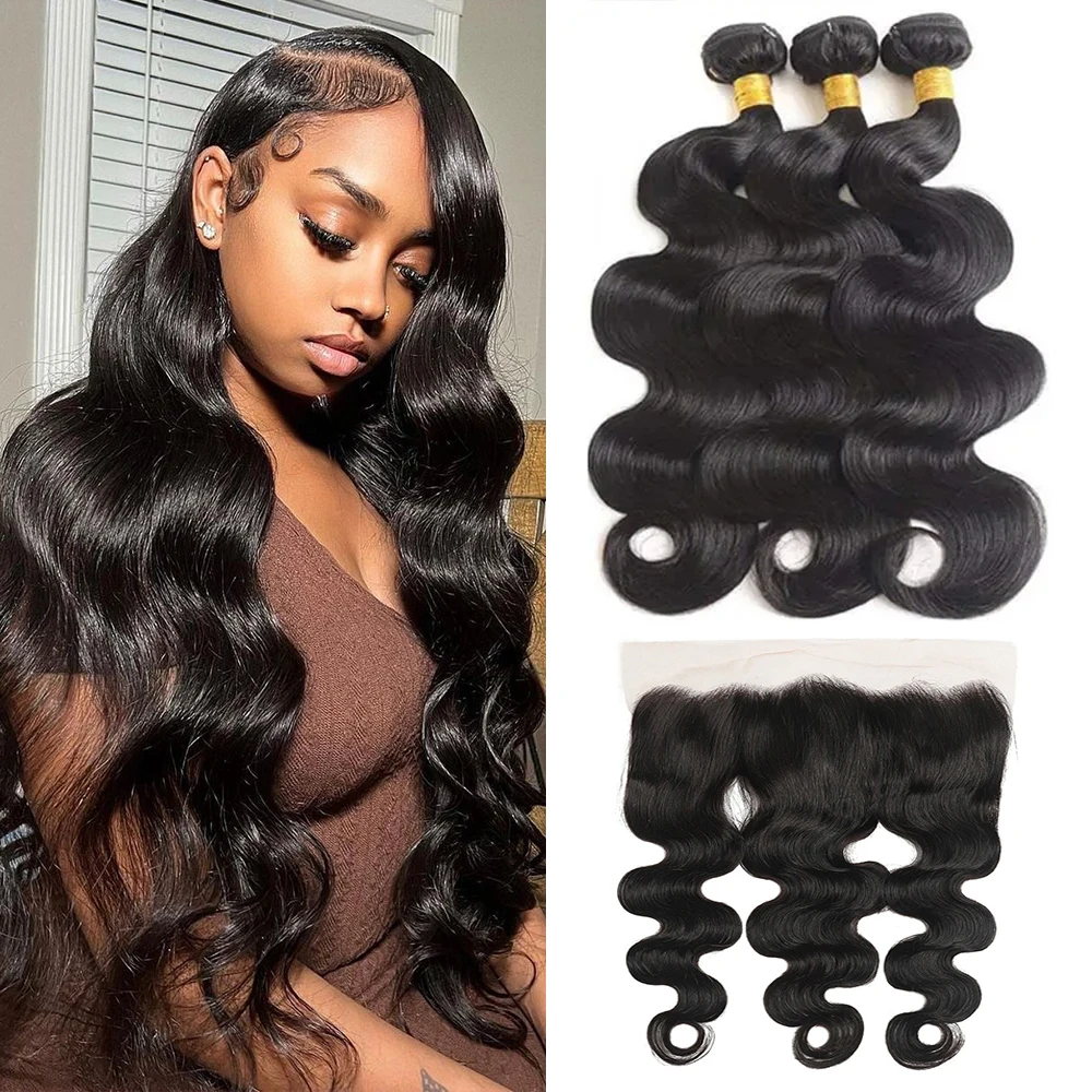 Body Wave Bundles With Frontal 30Inch Remy Brazilian Weaving Human Hair Natural Hair Extension Bundles With Frontal